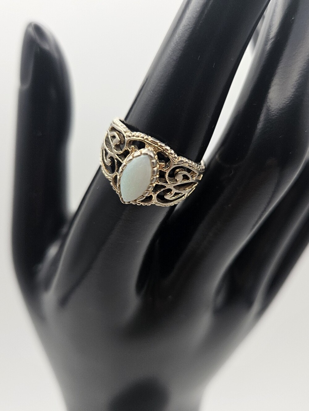 Vintage Espo 14K GE Faux Opal Ring Size 7.5 Marquise Cabochon Filigree Gold Plat